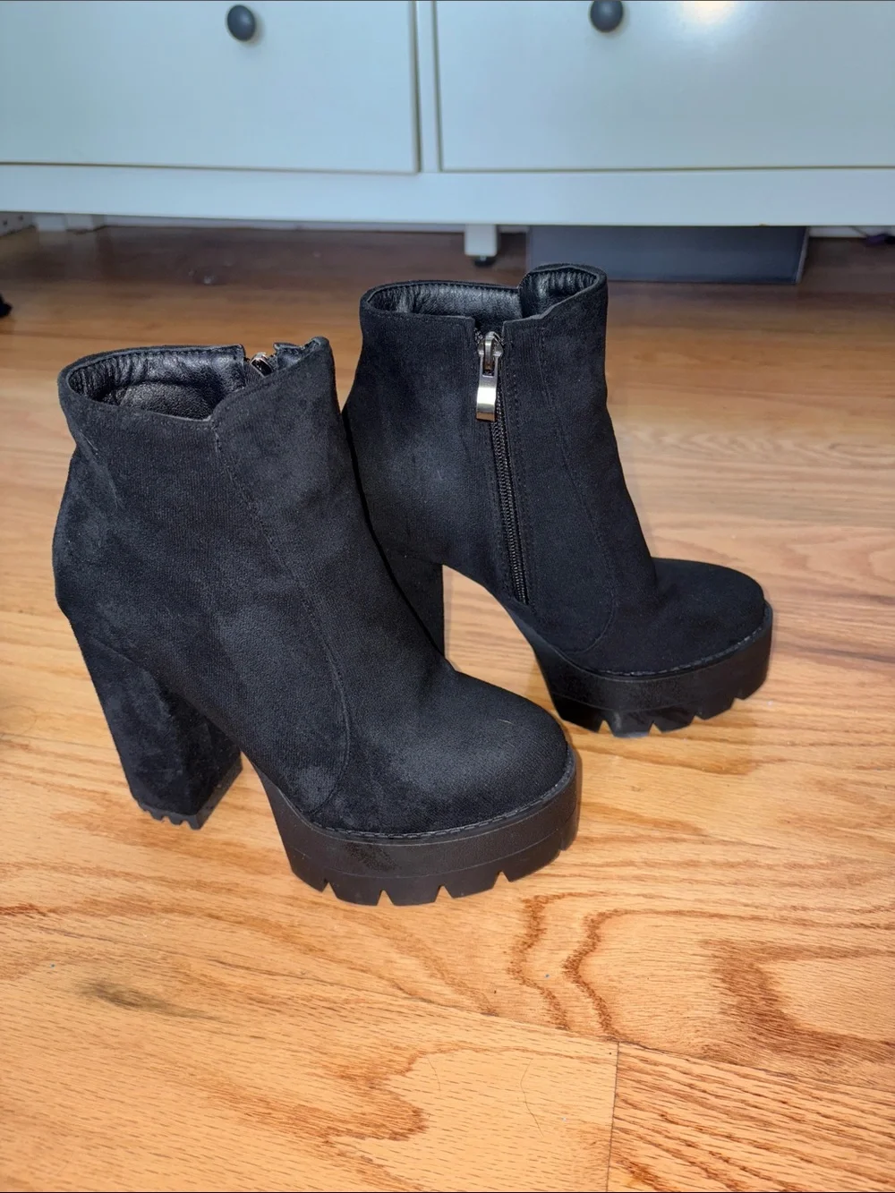 Women's Black Chunky Platform Ankle Boots - Suede Zip Closure